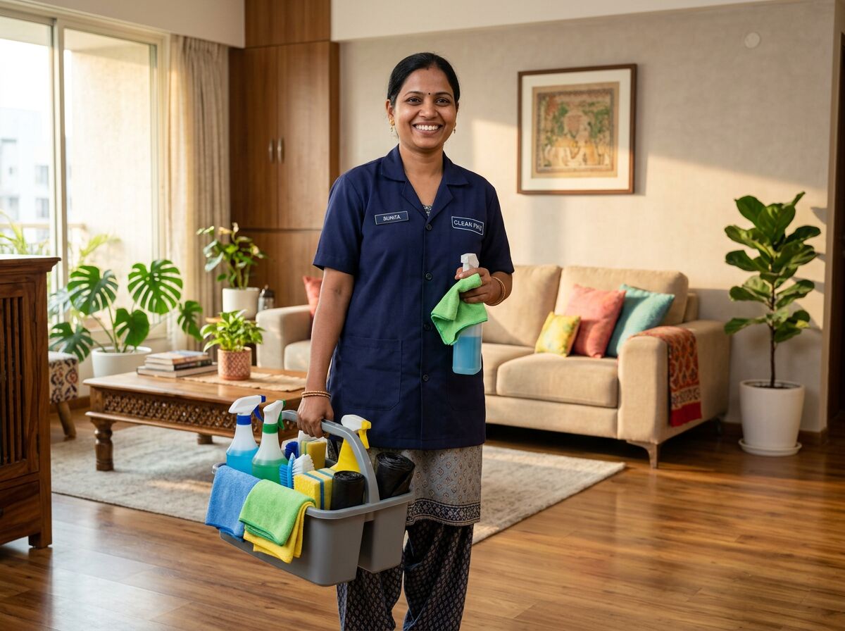 Cleaning professional from Urban Spark Cleaning Services Hyderabad with supplies in a tidy home