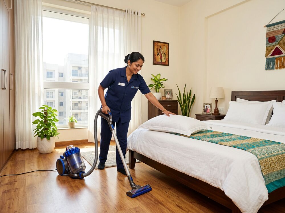 Cleaner arranging fresh linen in a bright bedroom after cleaning