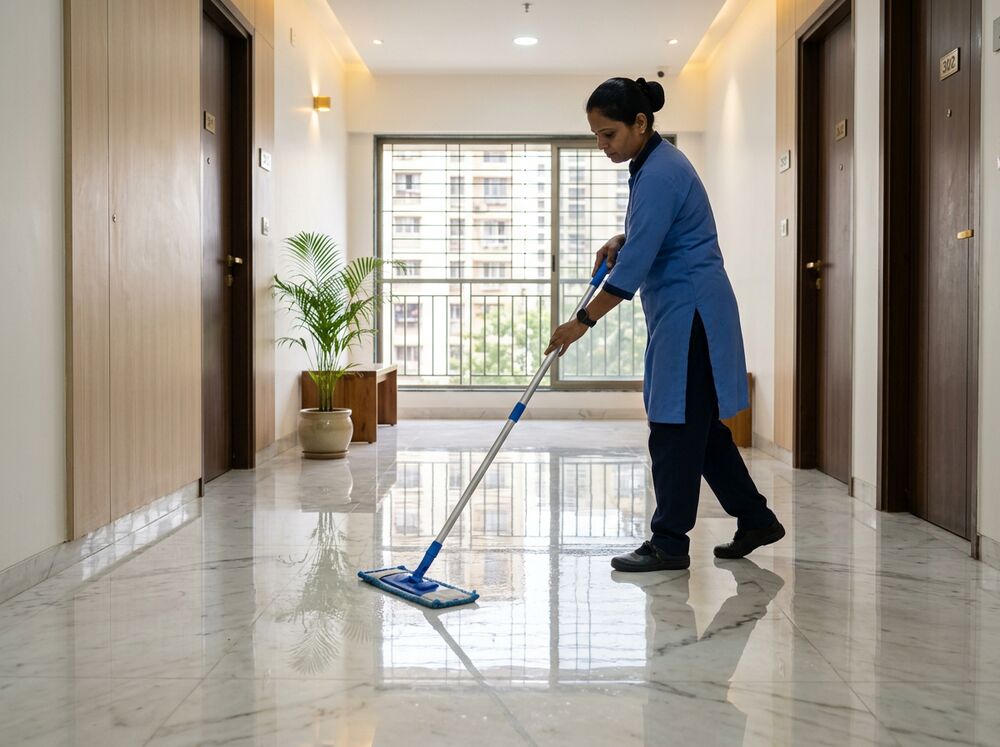 Marble floor mopping with a gleaming wet shine in an apartment hallway