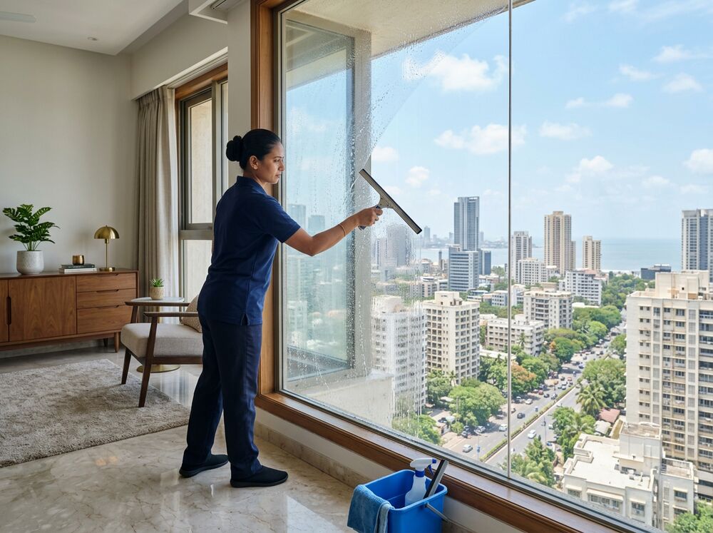 Cleaner polishing a large glass window with a squeegee in a Hyderabad apartment