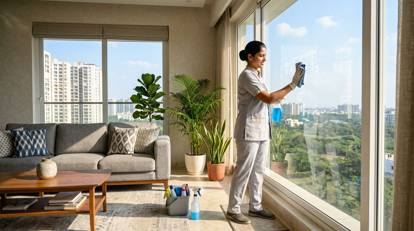 Professional cleaner from Urban Spark Cleaning Services Hyderabad wiping a bright window in a modern living room