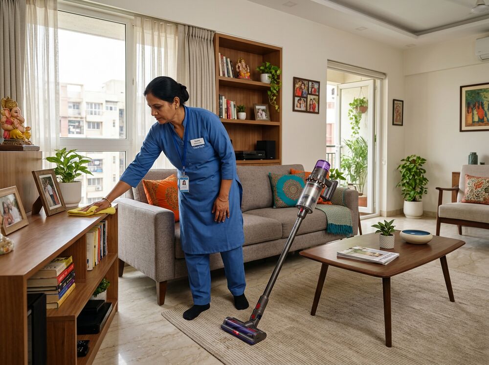 Home cleaning service in Hyderabad — cleaner dusting and vacuuming a living room