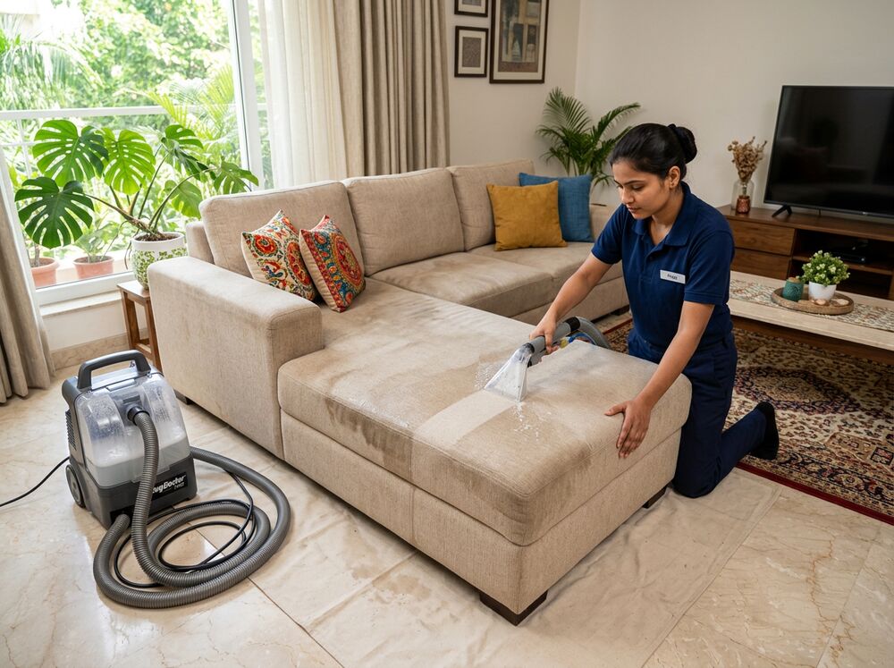Sofa cleaning service in Hyderabad — professional shampooing a fabric sofa